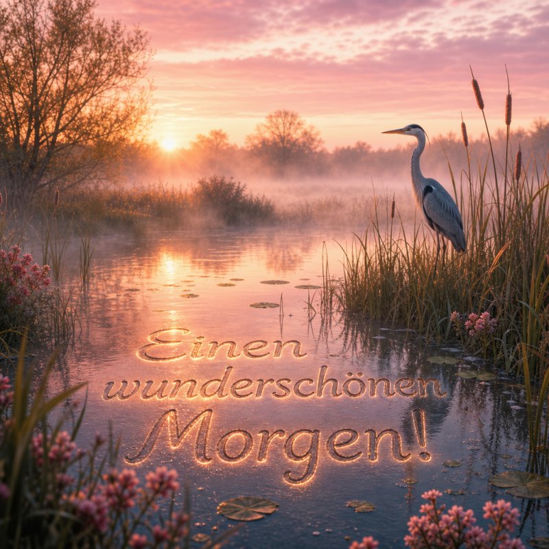 Guten-Morgen-Gruß als 3D-Bild: Ein Reiher steht am nebligen Frühlingsmorgen im Teich, mit dem Gruß auf der Wasseroberfläche.