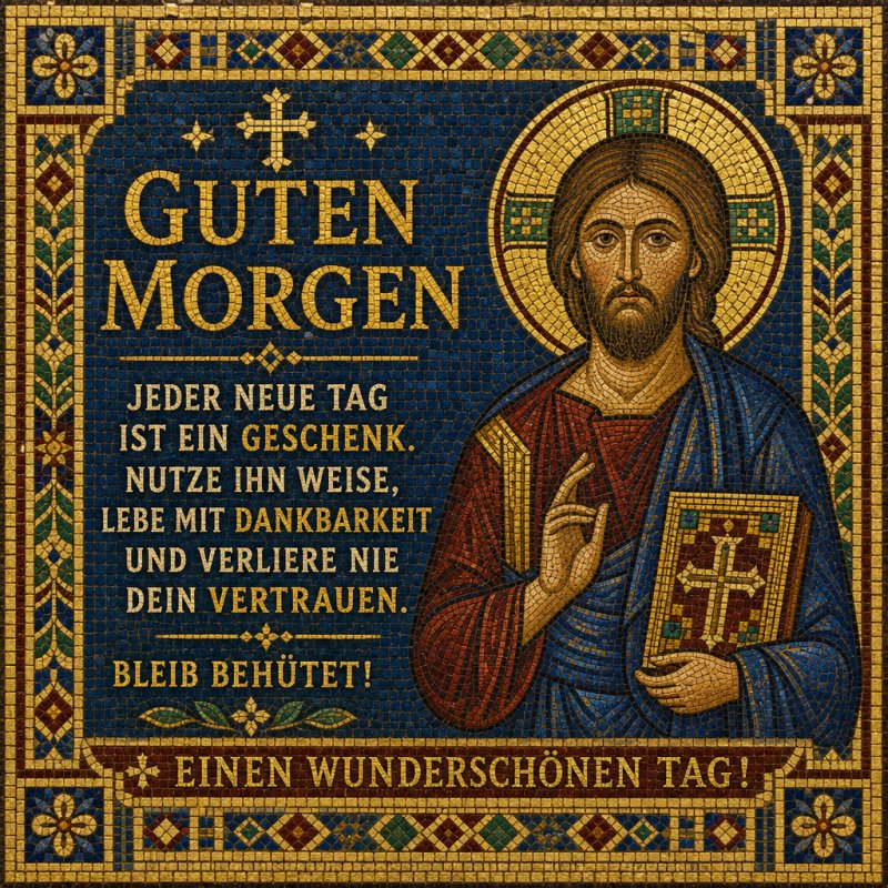 Ein detailreiches Mosaik mit einer religiösen Figur, umgeben von einem Guten-Morgen-Gruß und inspirierenden Worten für einen schönen Tag.