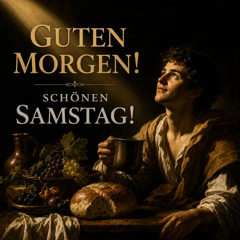 Ein junger Mann sitzt träumerisch vor einem rustikalen Frühstück aus Brot und Trauben, begleitet von einem stilvollen Guten-Morgen-Gruß für einen schönen Samstag.
