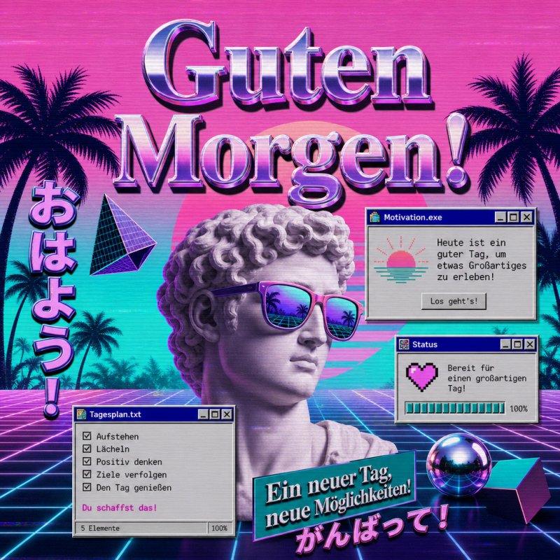 Ein lebhafter Guten-Morgen-Gruß im Retro-Stil zeigt eine Statue mit Sonnenbrille, Palmen, Pop-Art-Elementen und Windows-Fenstern im Hintergrund.