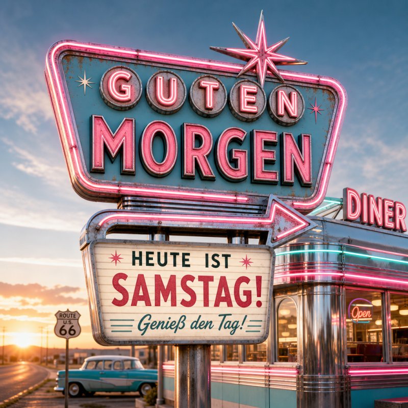 Ein leuchtendes Retro-Diner-Schild mit der Aufschrift "Guten Morgen" und "Heute ist Samstag" vor einem Sonnenaufgang setzt einen fröhlichen Guten-Morgen-Gruß.
