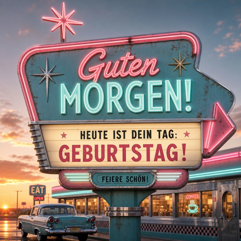 Ein leuchtendes Retro-Schild mit den Worten 'Guten Morgen' und 'Geburtstag' steht vor einem Diner bei Sonnenaufgang. Ein perfekter Guten-Morgen-Gruß.
