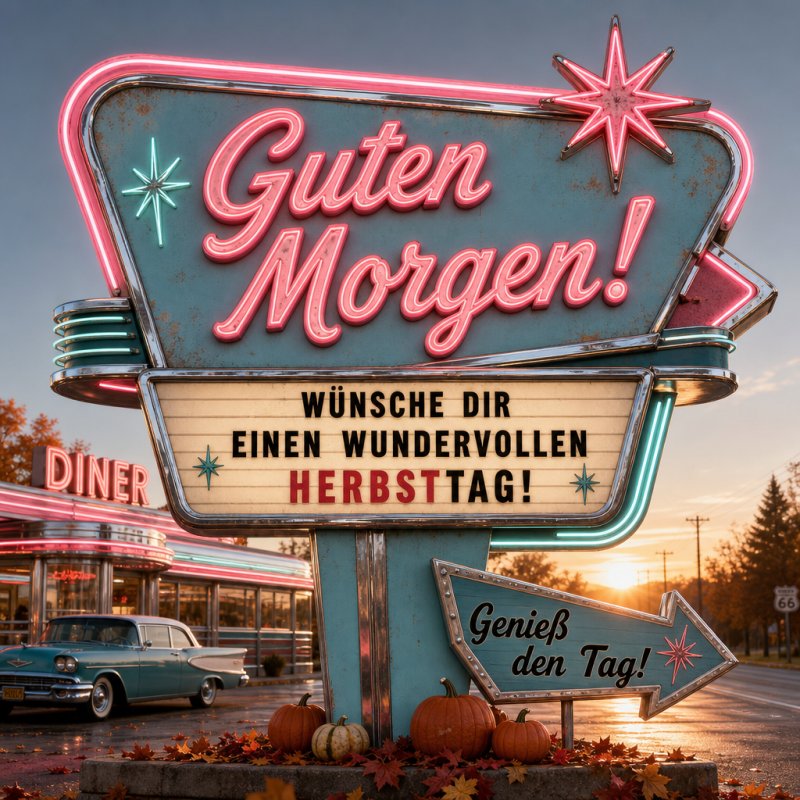 Ein nostalgisches Diner-Schild mit der Aufschrift 'Guten Morgen' erstrahlt umgeben von Herbstbäumen und Kürbissen im Sonnenaufgang.