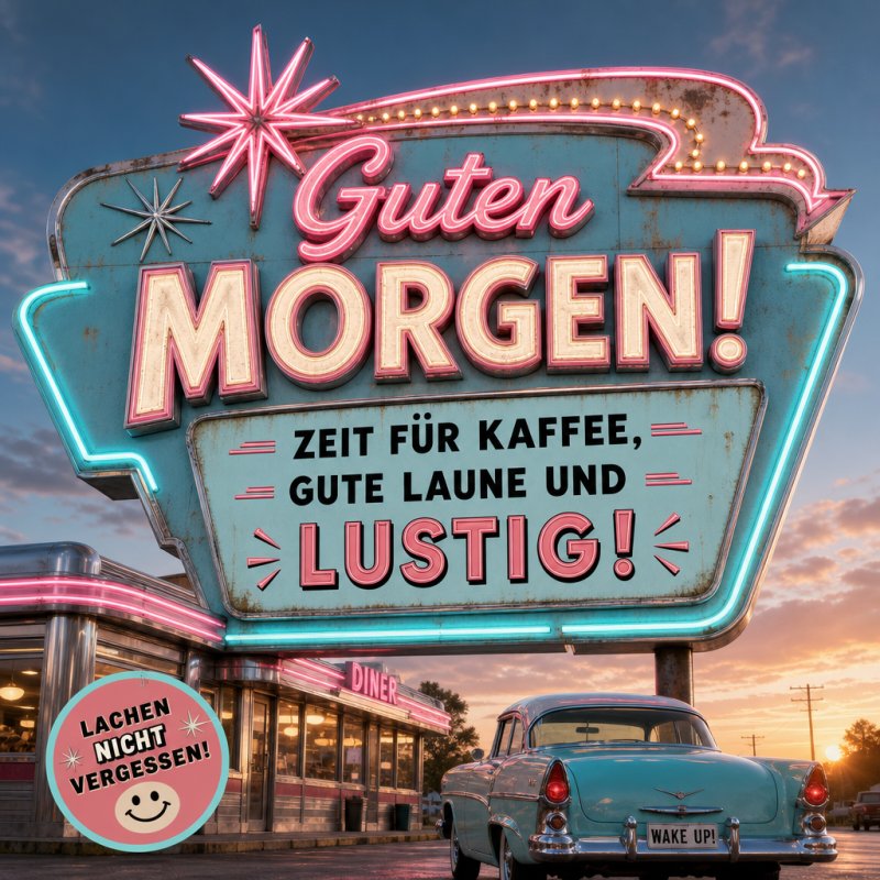 Ein Retro-Diner mit leuchtendem Neonlicht im Stil der 1950er Jahre und einem Oldtimer im Vordergrund bietet einen humorvollen Guten-Morgen-Gruß.