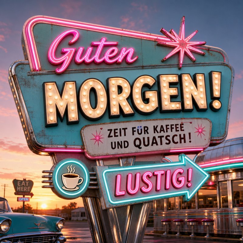 Ein humorvoller Guten-Morgen-Gruß in Form eines neonbeleuchteten Diner-Schildes mit Kaffee und einem klassischen Auto im Hintergrund bei Sonnenaufgang.