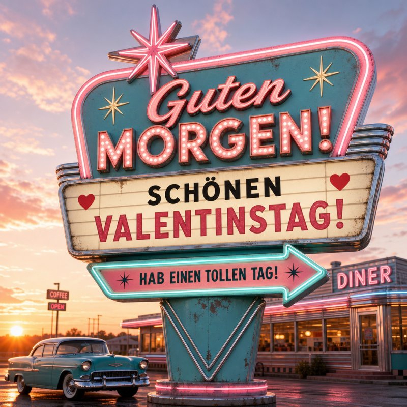 Ein leuchtendes Retro-Schild vor einem Diner grüßt zum Valentinstag mit einem "Guten Morgen" vor dem Hintergrund eines sonnigen Morgens.
