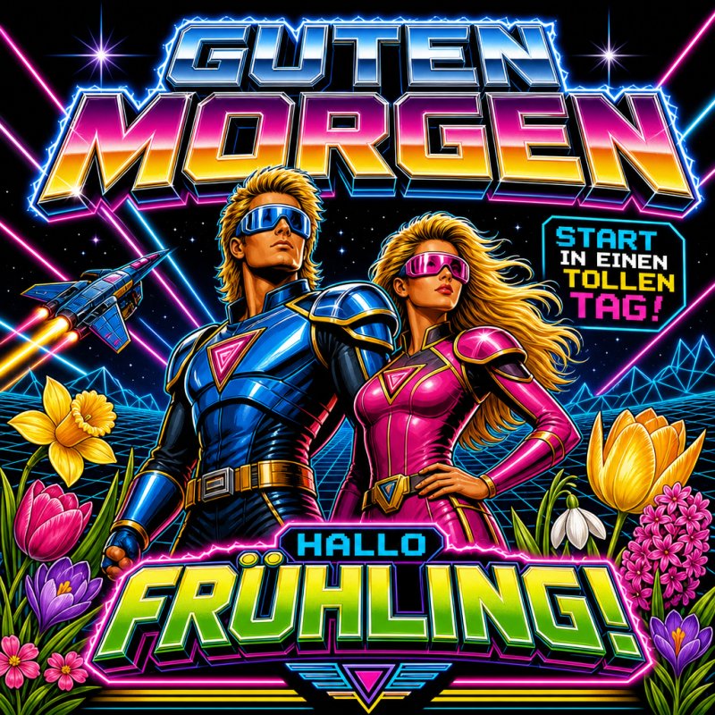 Ein farbenfroher Guten-Morgen-Gruß zeigt ein Retro-Paar in Neonanzügen umgeben von Frühlingsblumen und einem futuristischen Hintergrund.