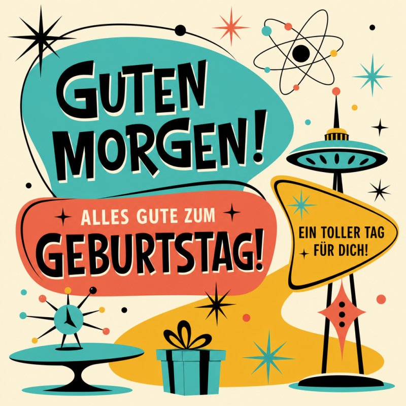 Ein bunter Guten-Morgen-Gruß im Retro-Stil mit Weltraummotiven, Raketen und einer Geburtstagsbotschaft, die Fröhlichkeit versprüht.