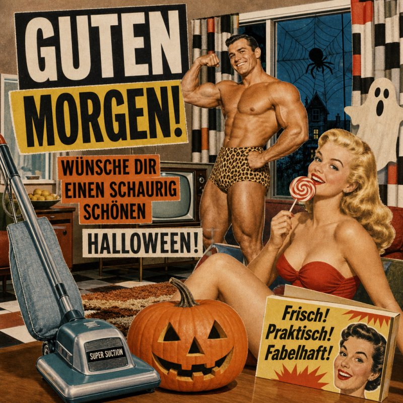Ein Retro-Guten-Morgen-Gruß mit lächelnder Frau, Kürbis, Lutscher und muskulösem Mann in Leopardenhose vor einem Halloween-Dekor im Vintage-Stil.