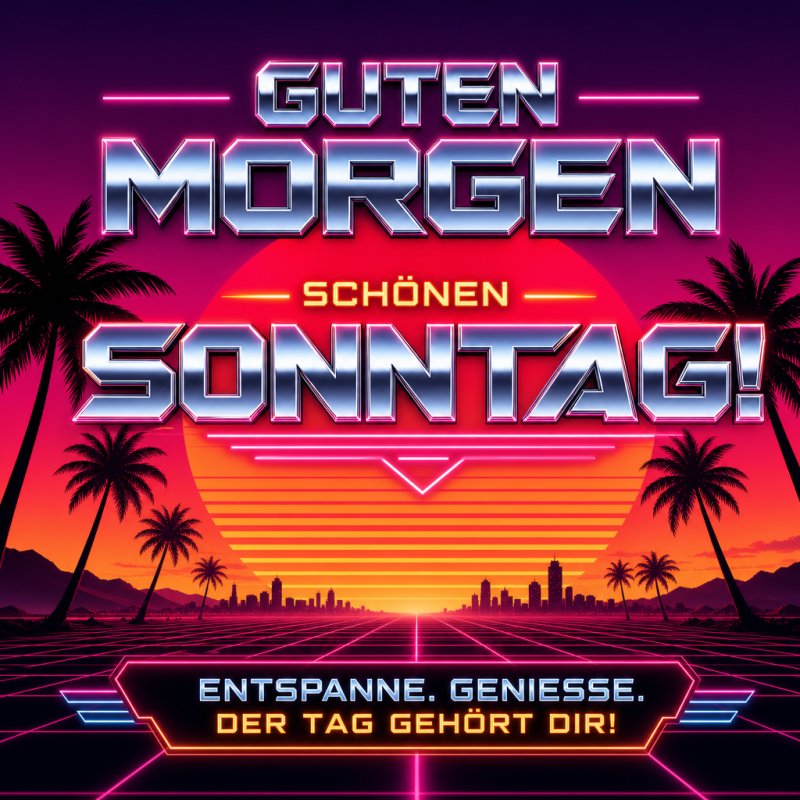 Ein farbenfroher Guten-Morgen-Gruß im Retro-Stil mit Palmen, Sonnenuntergang und leuchtendem Text wünscht einen schönen Sonntag für Entspannung und Genuss.
