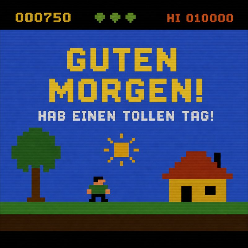 Ein pixelartiges 8-Bit-Bild mit einer Figur, einem Haus und einem Baum unter einer Sonne vermittelt mit dem Text 'Guten Morgen' einen lustigen Retro-Gruß.