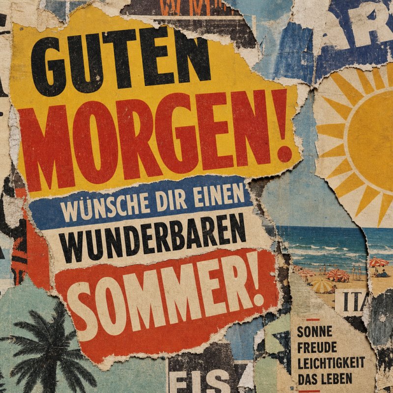 Eine bunte Collage mit Palmblättern und einem Sonnenmotiv verleiht dem Guten-Morgen-Gruß im Retro-Stil Sommerfreude und Leichtigkeit.