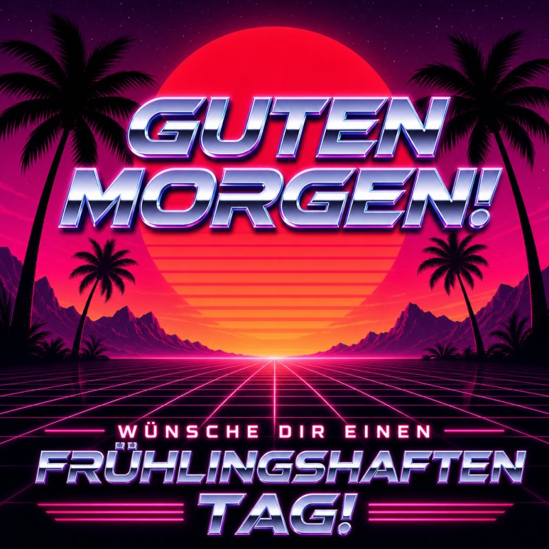 Ein leuchtender rosa Sonnenaufgang mit Palmen im Retro-Stil als Guten-Morgen-Gruß für den Frühling zeigt eine futuristische Landschaft.
