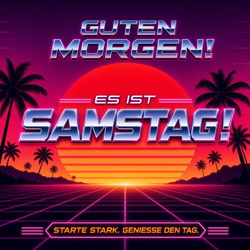 Ein leuchtender Retro-Sonnenuntergang mit Palmen und einem futuristischen Raster illustriert den Guten-Morgen-Gruß für Samstag in lebhaften Neonfarben.