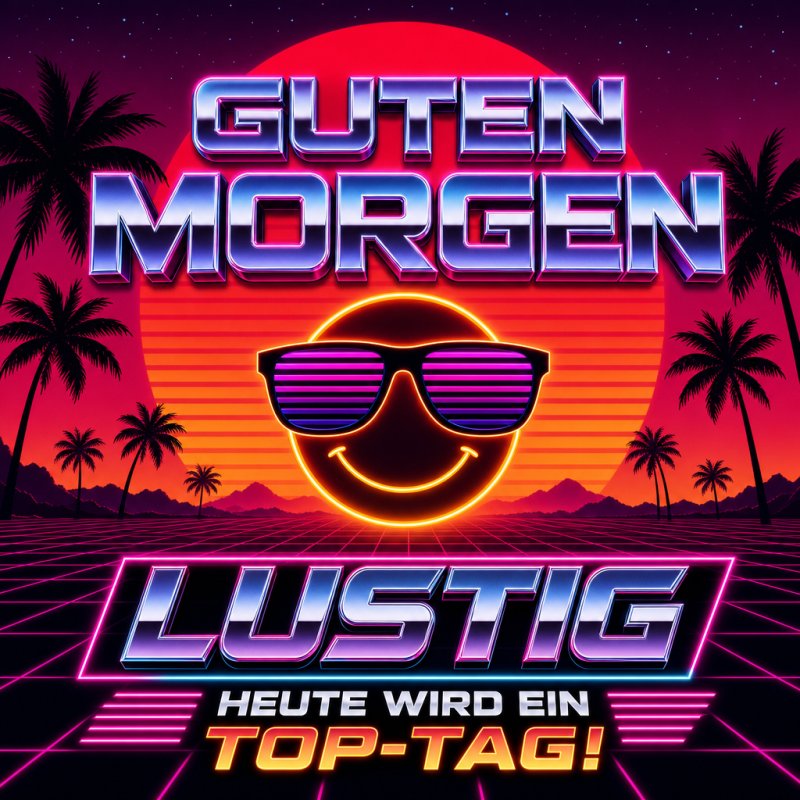 Ein neonfarbener Guten-Morgen-Gruß mit einem lachenden Smiley mit Sonnenbrille vor einem retrofuturistischen Sonnenuntergang und Palmen.
