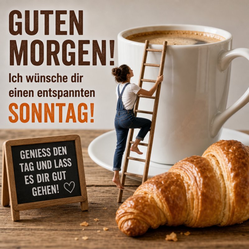 Eine Frau klettert eine Leiter an einer riesigen Kaffeetasse hinauf, daneben ein Croissant und eine Tafel mit einem Guten-Morgen-Gruß für einen entspannten Sonntag.