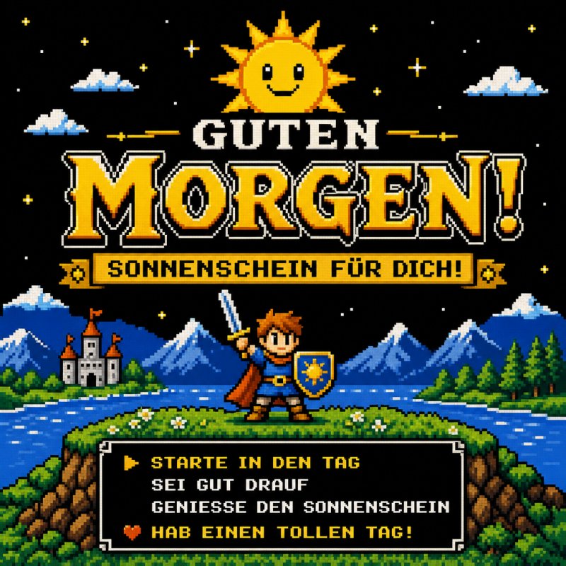 Ein pixelartiger Ritter steht mit einem Schild und Schwert vor einer Burg und Bergen, während ein lachender Sonnenschein den Guten-Morgen-Gruß erhellt.