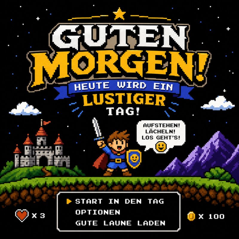 Ein fröhlicher Ritter steht vor einer Burg in einem pixeligen Videospiel-Look mit dem Text 'Guten Morgen' als lustiger Gruß.