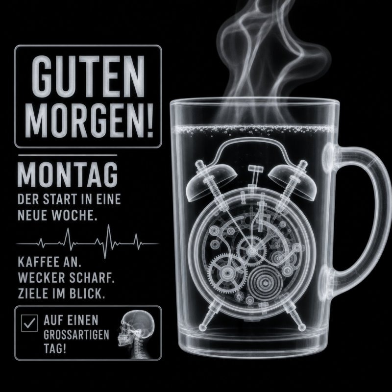 Ein stilisierter Röntgenblick zeigt eine Tasse mit Wecker-Mechanismus, umgeben von einem Guten-Morgen-Gruß mit Montagsthema und motivierenden Texten.