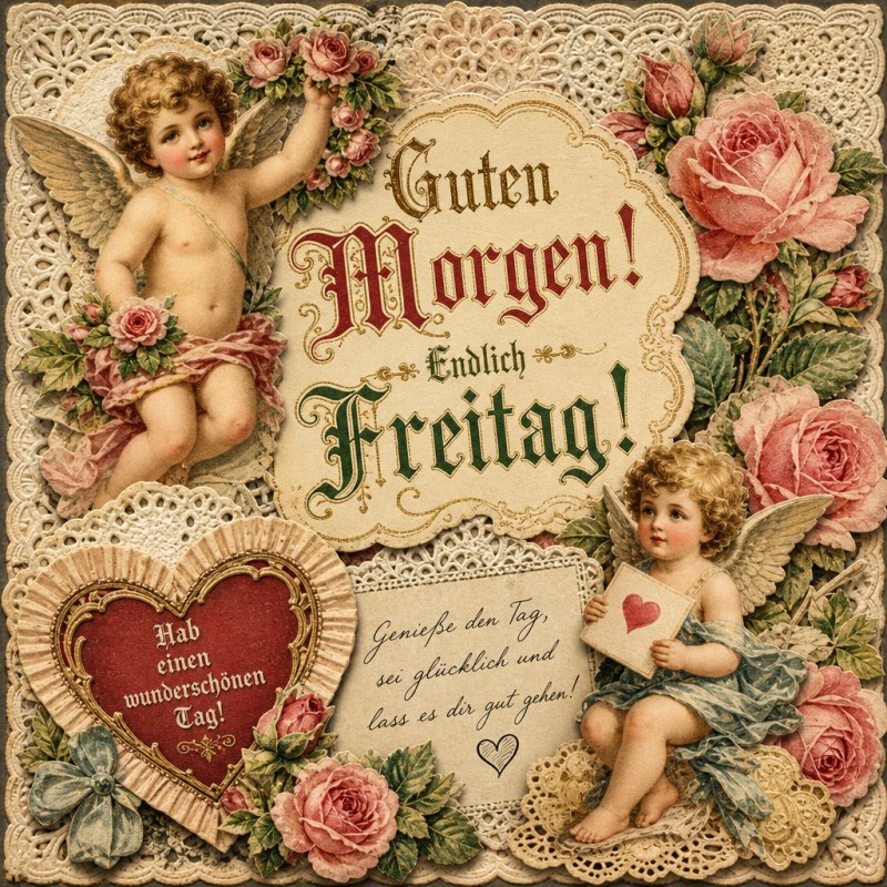 Zwei Engel umgeben von rosa Rosen und einem Herz präsentieren einen nostalgischen Guten Morgen-Gruss für Freitag in einem romantischen, viktorianischen Stil.