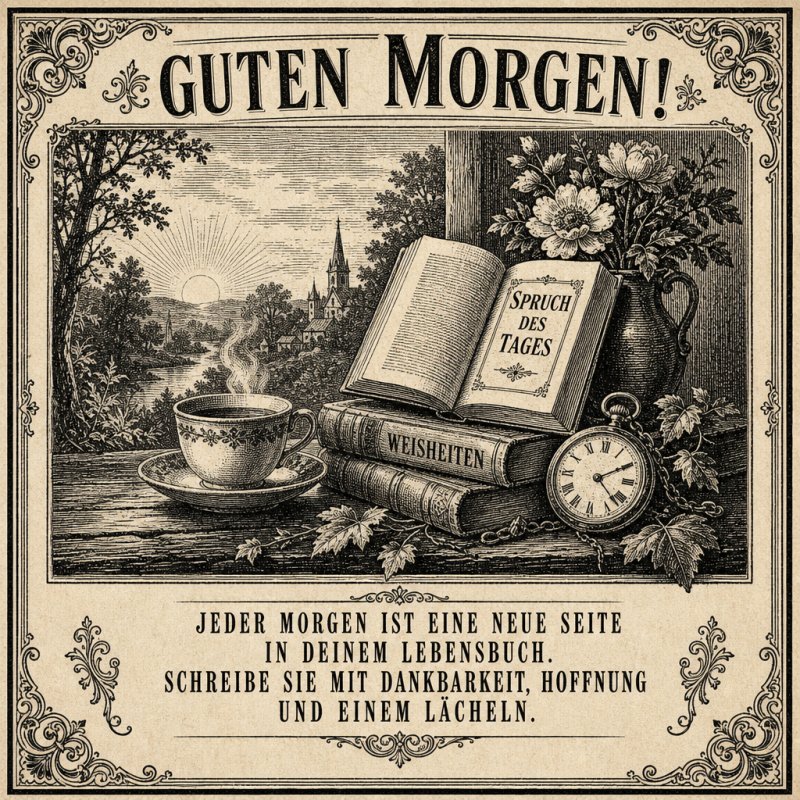 Ein nostalgisches „Guten Morgen“-Motiv mit einem offenen Buch, einer Tasse Kaffee und einer Taschenuhr vor einer idyllischen Landschaft im Vintage-Stil.
