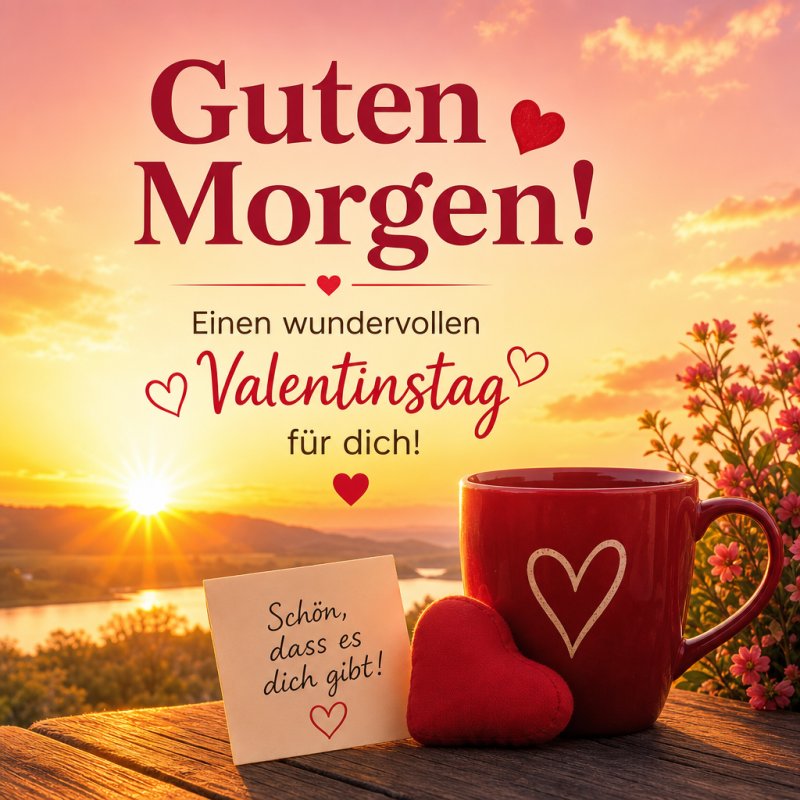Der Guten-Morgen-Gruß zeigt eine Tasse mit Herzmotiv, eine Notiz und ein rotes Herz auf einem Tisch vor einem Sonnenaufgang am See mit Blumen im Vordergrund.