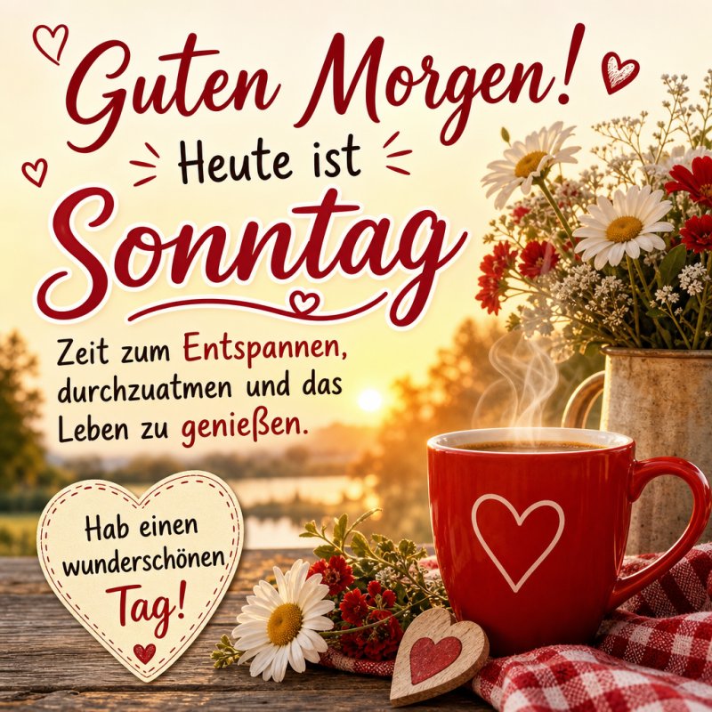 Eine warme Guten-Morgen-Grußkarte mit einer roten Tasse, die ein Herzmotiv trägt, umgeben von Blumen und einem morgendlichen See im Hintergrund.