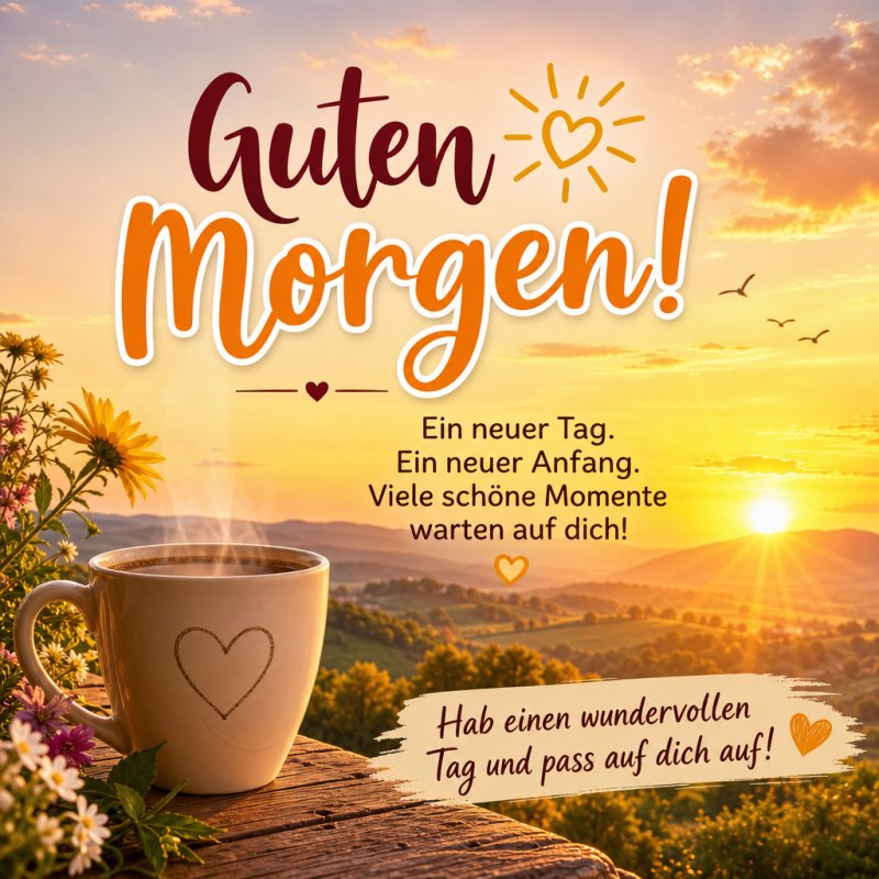 Eine Guten-Morgen-Gruß-Karte zeigt einen Sonnenaufgang über einem See mit einer Tasse Kaffee und einer Herzdekoration, umgeben von Blumen.