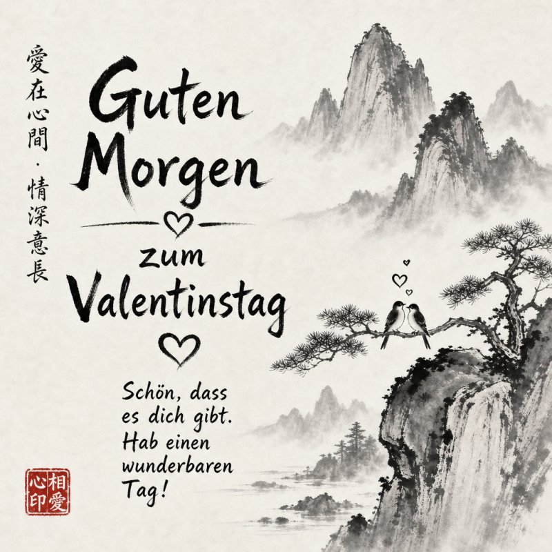 Zwei Vögel sitzen auf einem Baumzweig vor einem malerischen Bergpanorama mit See, während der Guten-Morgen-Gruß zum Valentinstag erscheint.