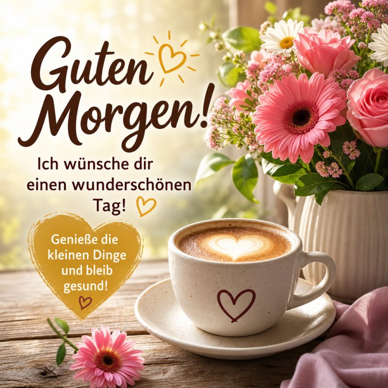 Ein gemütlicher Guten-Morgen-Gruß mit Kaffee und rosa Gerbera-Blumen in einer Vase auf einem Tisch, neben einem herzförmigen Cappuccino.