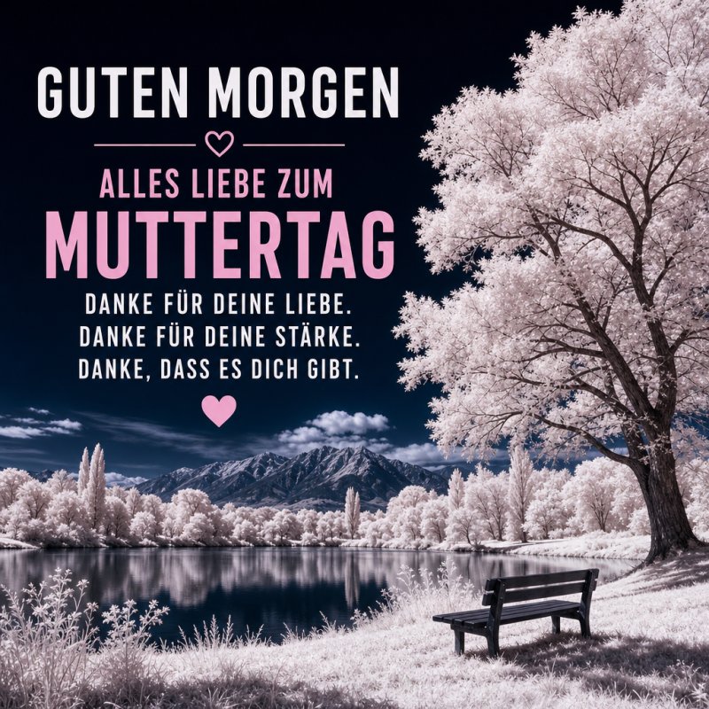 Ein verträumter Guten-Morgen-Gruß zum Muttertag zeigt eine idyllische Parklandschaft mit einem See, Bäumen und Bergen, begleitet von herzlichen Botschaften.