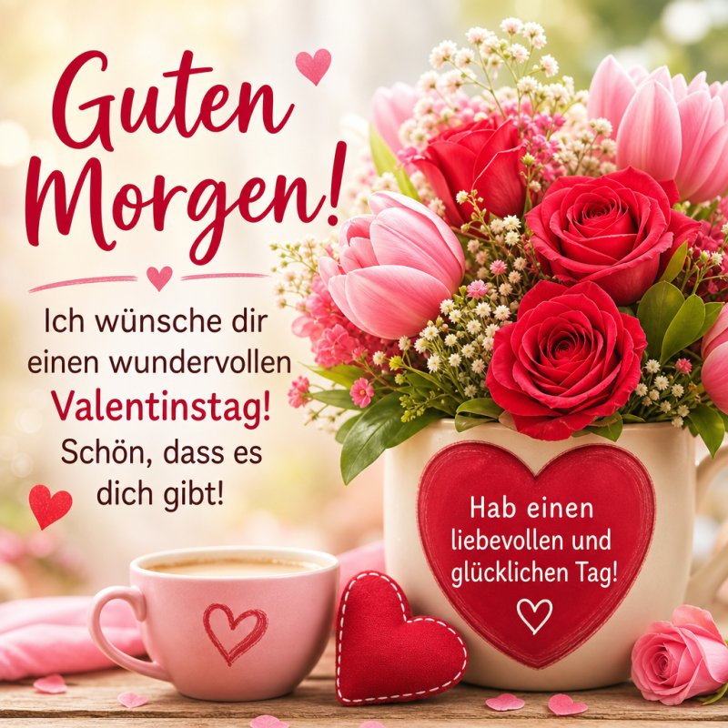 Ein liebevoller Guten-Morgen-Gruß mit roten Rosen und rosa Tulpen in einem Herz-Topf neben einer Kaffeetasse auf einem Holztisch.