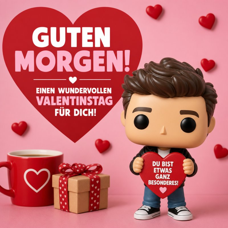 Ein niedlicher Cartoon-Mann hält ein Herz mit einer Botschaft vor rosa Hintergrund, umgeben von roten Herzen, als Guten-Morgen-Gruß.