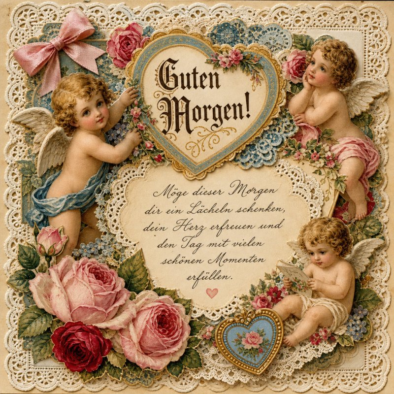 Ein romantischer Guten-Morgen-Gruß im Vintage-Stil mit drei kleinen Engeln, umgeben von Rosen und Spitzendetails, vermittelt eine nostalgische Stimmung.