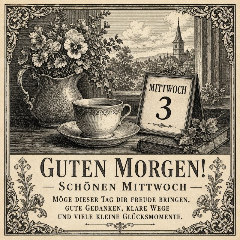 Ein nostalgisches Stillleben mit Blumen, einer Teetasse und einem Kalender, der auf Mittwoch eingestellt ist, als kreativer Guten-Morgen-Gruß.