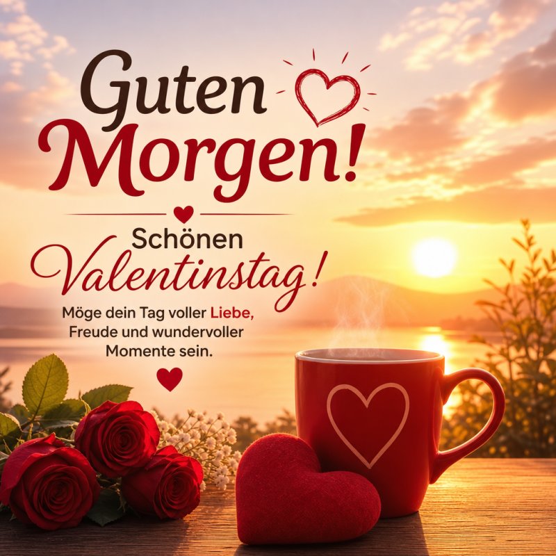 Rote Rosen und ein Herz neben einer Tasse Kaffee bei Sonnenaufgang am See bilden einen romantischen Guten-Morgen-Gruß zum Valentinstag.