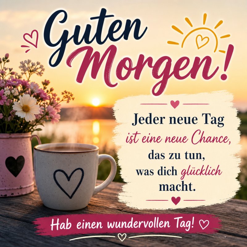 Ein Guten-Morgen-Gruß mit romantischen Herzmotiven zeigt eine Tasse und einen Blumenstrauß bei Sonnenaufgang am See mit einem inspirierenden Spruch.