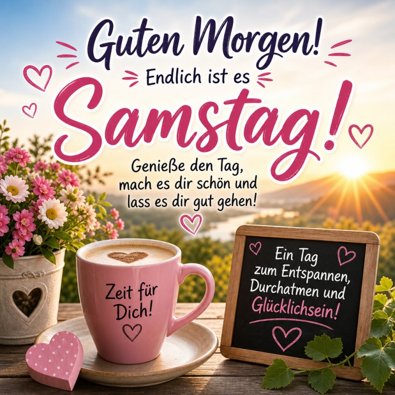 Ein Guten-Morgen-Gruß mit einer rosa Tasse Kaffee, Blumen und Herzsymbolen vor einem Sonnenaufgang über einem See und grünen Hügeln, strahlt Geborgenheit aus.