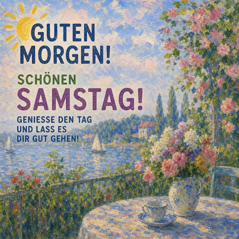 Ein Guten-Morgen-Gruß mit impressionistischer Landschaft: Ein Tisch mit Blumenvase und Tasse vor einem blühenden Balkon, der auf einen sonnigen See hinausgeht.