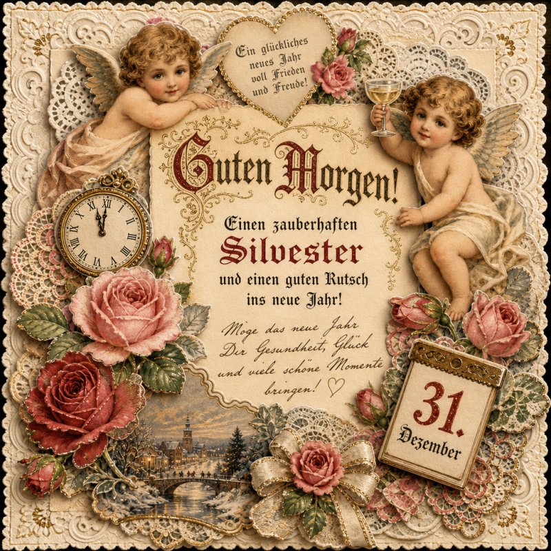 Zwei Engel mit Rosen umrahmen eine nostalgische Karte mit Uhr und Kalenderblatt als Guten-Morgen-Gruß zu Silvester.