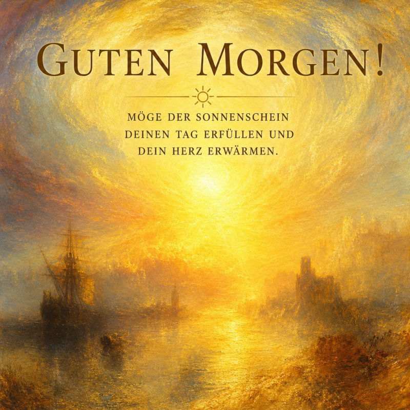 Ein malerischer Sonnenaufgang über ruhigem Wasser mit Schiffen und Stadt im Hintergrund vermittelt ein warmes Gefühl als Guten-Morgen-Gruß.
