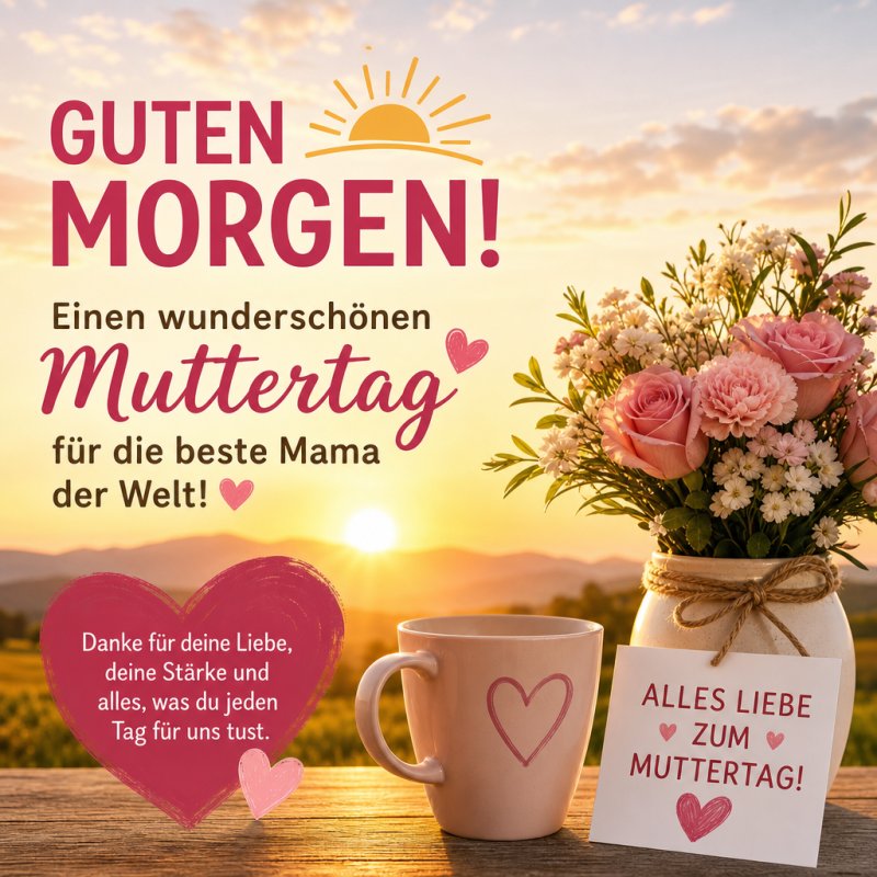 Ein Guten-Morgen-Gruß zum Muttertag zeigt einen Sonnenaufgang mit Rosenstrauß, herzförmigen Dekorationen und einer Tasse in einer idyllischen Landschaft.
