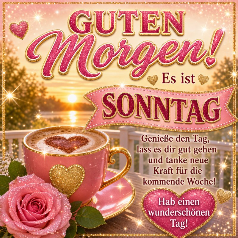 Eine Tasse Kaffee mit Herzmotiv und eine Rose schmücken den Guten-Morgen-Gruß vor einem romantischen Sonnenaufgangshintergrund auf einem Balkon.