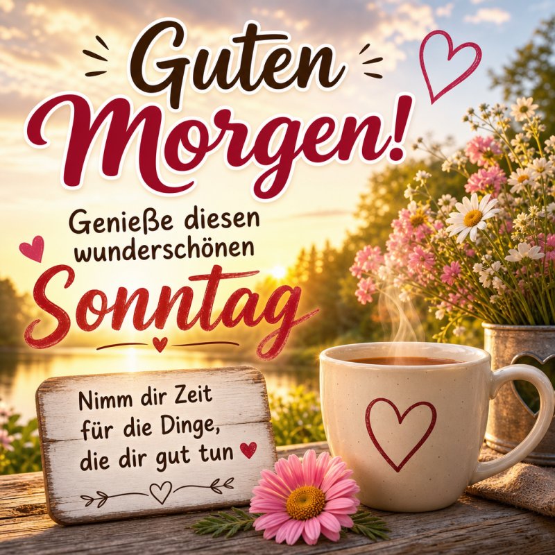 Ein romantischer Guten-Morgen-Gruß zeigt eine Tasse Kaffee mit Herzmotiv, umgeben von Blumen vor einem See im Sonnenaufgang auf einem rustikalen Holztisch.