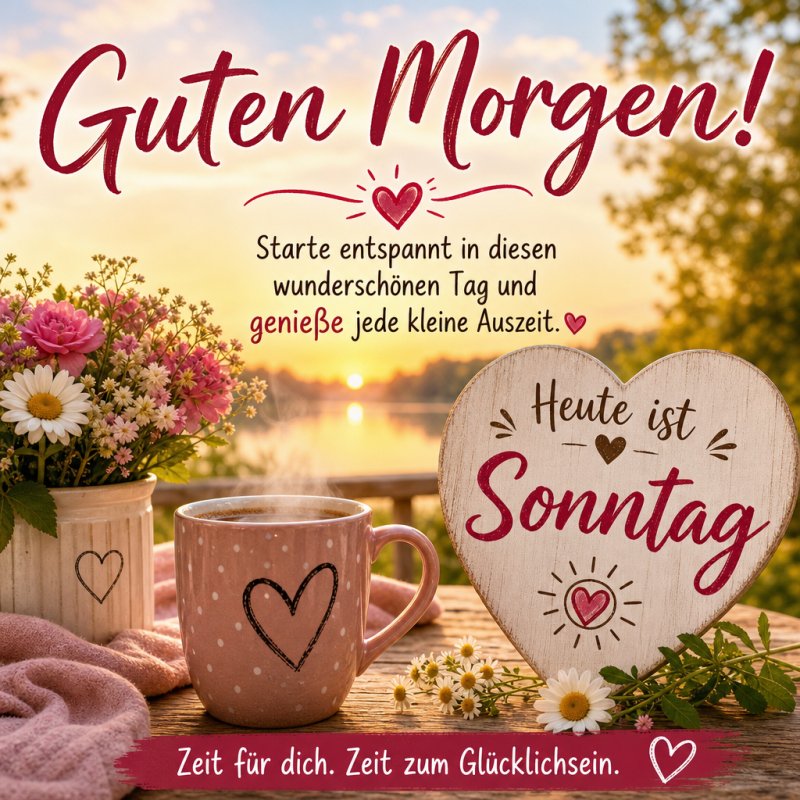 Eine Guten-Morgen-Grußkarte mit einer Tasse Kaffee, Blumen und einem Herzschild auf einem Tisch im Freien vor einem Sonnenaufgang.