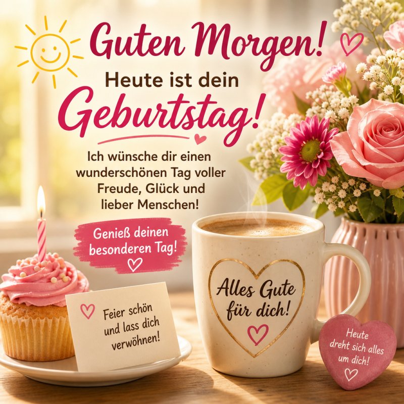 Eine stilvolle Guten-Morgen-Grußkarte zeigt einen Tisch mit rosa Blumen, einem dekorierten Muffin und einer Tasse Kaffee mit Aufschrift 'Alles Gute für dich!'.
