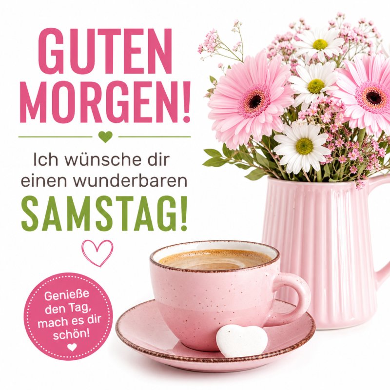 Ein Guten-Morgen-Gruß mit rosa Blumenstrauß in einer Vase, einer rosa Tasse Kaffee auf einem Tisch, und einem herzförmigen Keks verbreitet eine fröhliche Stimmung.