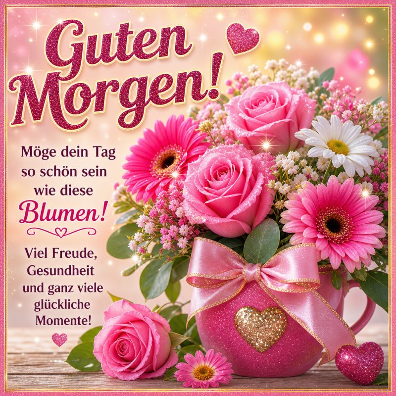 Ein bunter Blumengruß mit rosa Rosen und Gerbera in einer Vase mit Herzmotiv vermittelt einen fröhlichen Guten-Morgen-Gruß.