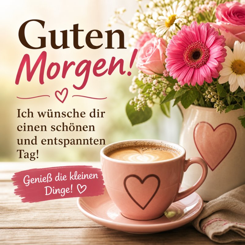 Ein Guten-Morgen-Gruß mit einem rosafarbenen Herzbecher und einem Blumenstrauß in warmen Farbtönen vermittelt eine gemütliche und positive Stimmung.