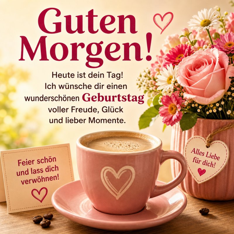 Ein rosafarbener Kaffeebecher und Blumenvase mit „Guten Morgen“-Gruß, dekoriert mit Rosen und Gänseblümchen für einen besonderen Geburtstag.